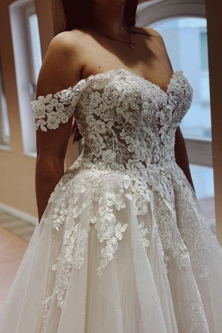 Charming Off-the-Shoulder Strapless A-Line Lace Tulle Bridal Gown