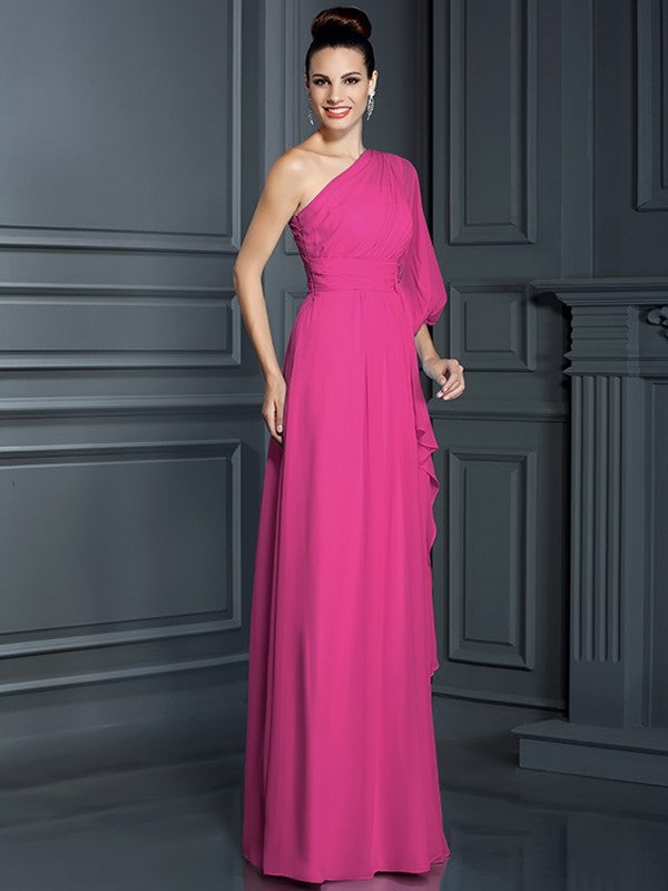 Charming One Shoulder 3/4 Sleeves Long Chiffon Bridesmaid Dresses