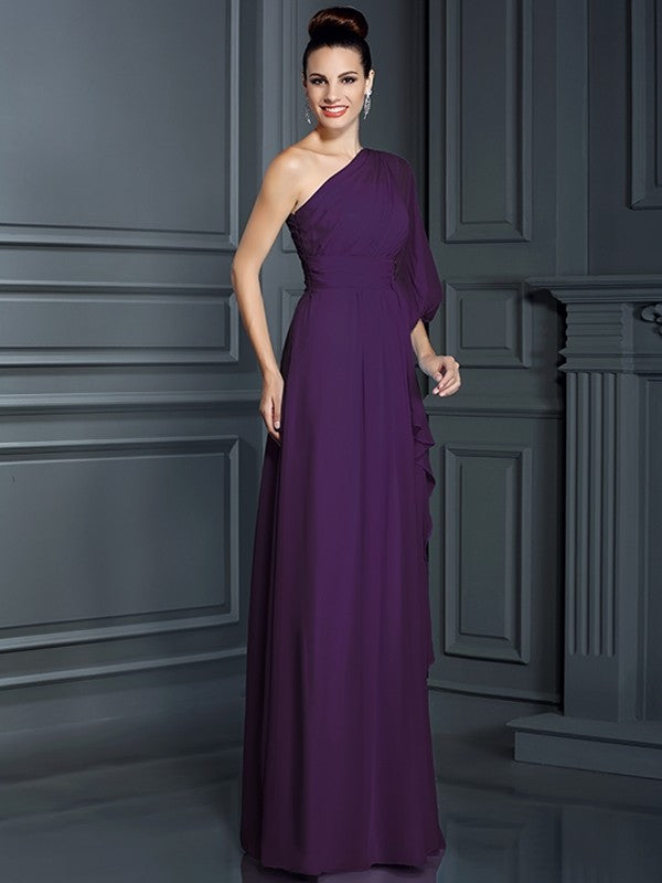 Charming One Shoulder 3/4 Sleeves Long Chiffon Bridesmaid Dresses