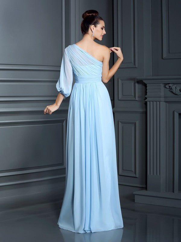 Charming One Shoulder 3/4 Sleeves Long Chiffon Bridesmaid Dresses