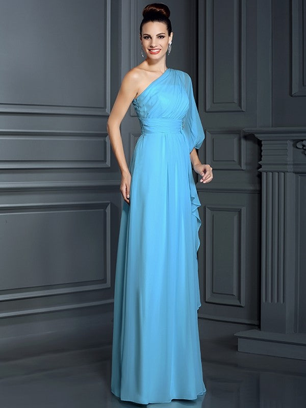 Charming One Shoulder 3/4 Sleeves Long Chiffon Bridesmaid Dresses