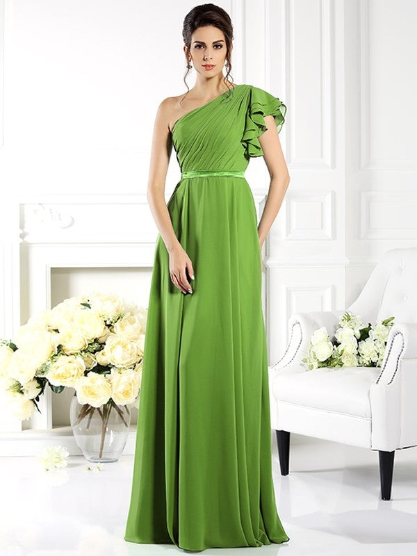 Charming One Shoulder Ruffles Sleeveless Long Chiffon Bridesmaid Dresses