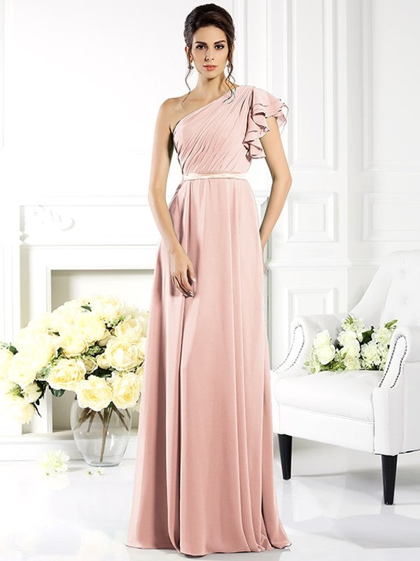 Charming One Shoulder Ruffles Sleeveless Long Chiffon Bridesmaid Dresses