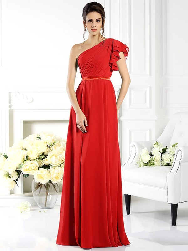 Charming One Shoulder Ruffles Sleeveless Long Chiffon Bridesmaid Dresses