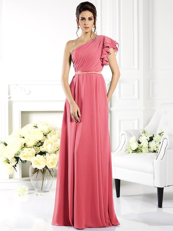 Charming One Shoulder Ruffles Sleeveless Long Chiffon Bridesmaid Dresses