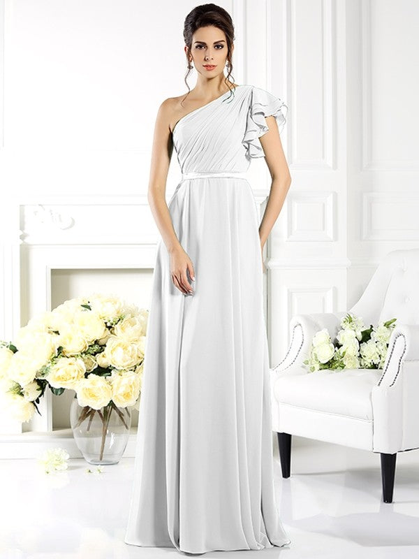 Charming One Shoulder Ruffles Sleeveless Long Chiffon Bridesmaid Dresses