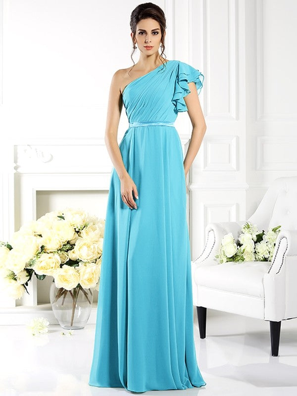 Charming One Shoulder Ruffles Sleeveless Long Chiffon Bridesmaid Dresses