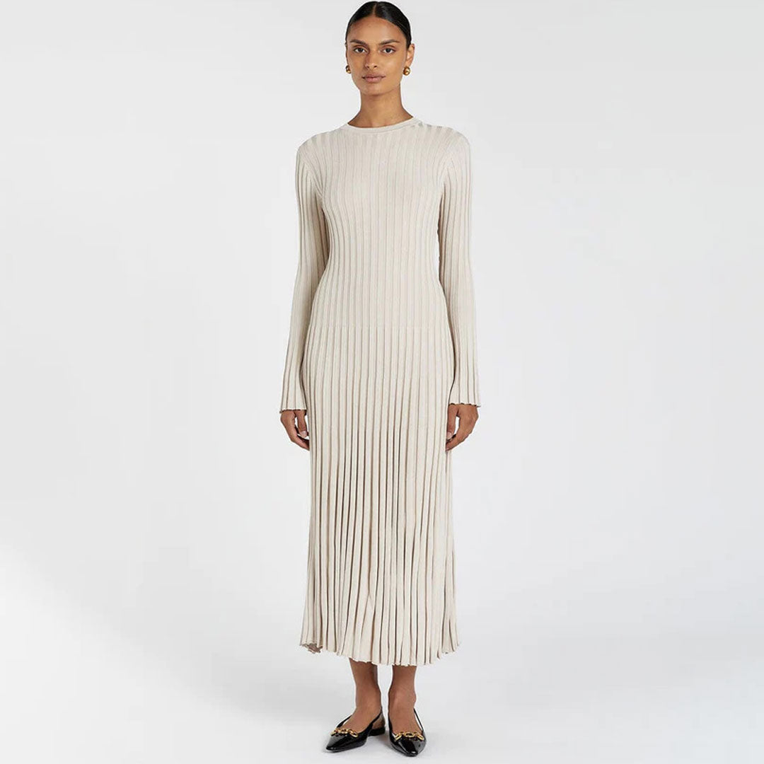 Charming Solid Color Crew Neck Long Sleeve Ribbed Knit Maxi Sweater Dress