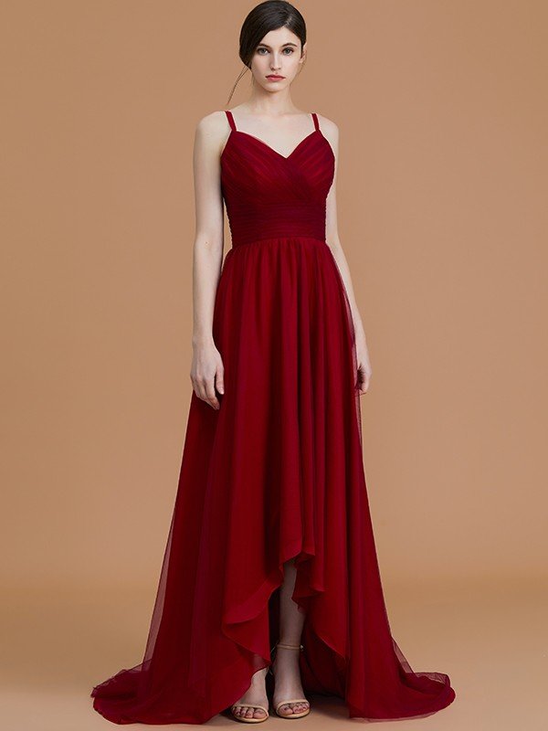 Charming Spaghetti Straps Sleeveless Asymmetrical Ruffles Chiffon Bridesmaid Dresses