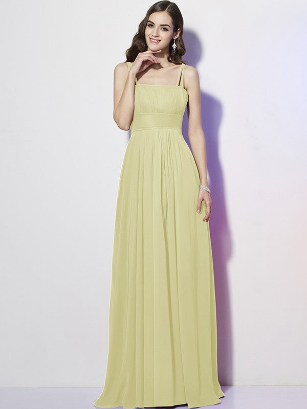 Charming Spaghetti Straps Sleeveless Pleats Long Chiffon Bridesmaid Dresses