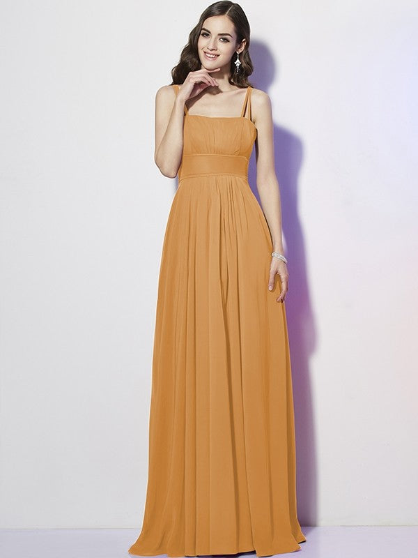 Charming Spaghetti Straps Sleeveless Pleats Long Chiffon Bridesmaid Dresses