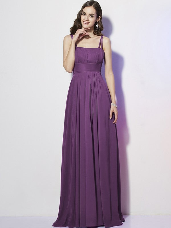 Charming Spaghetti Straps Sleeveless Pleats Long Chiffon Bridesmaid Dresses