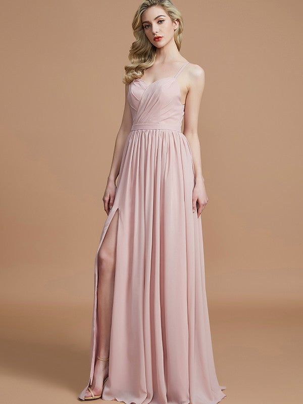 Charming Spaghetti Straps Sleeveless Ruched Chiffon Bridesmaid Dresses