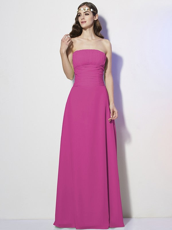 Charming Strapless Sleeveless Pleats Long Chiffon Bridesmaid Dresses