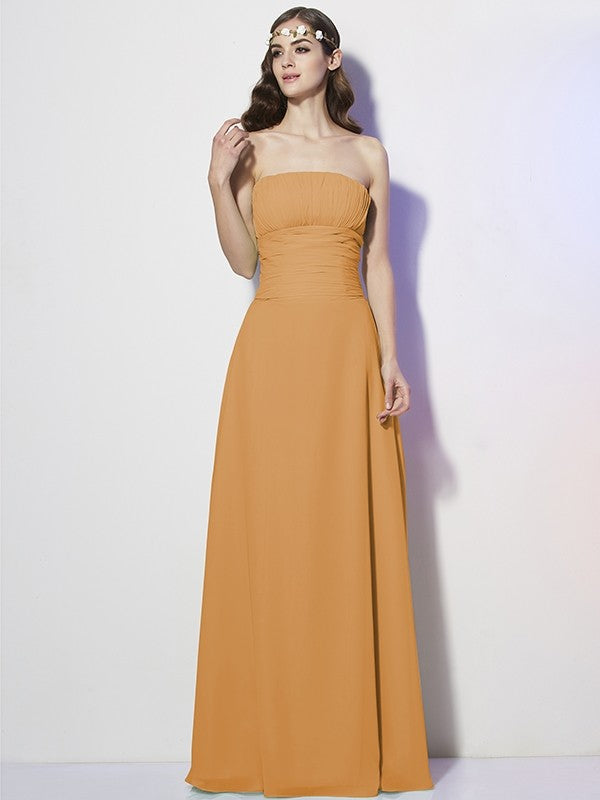 Charming Strapless Sleeveless Pleats Long Chiffon Bridesmaid Dresses