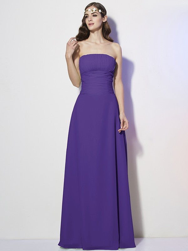 Charming Strapless Sleeveless Pleats Long Chiffon Bridesmaid Dresses