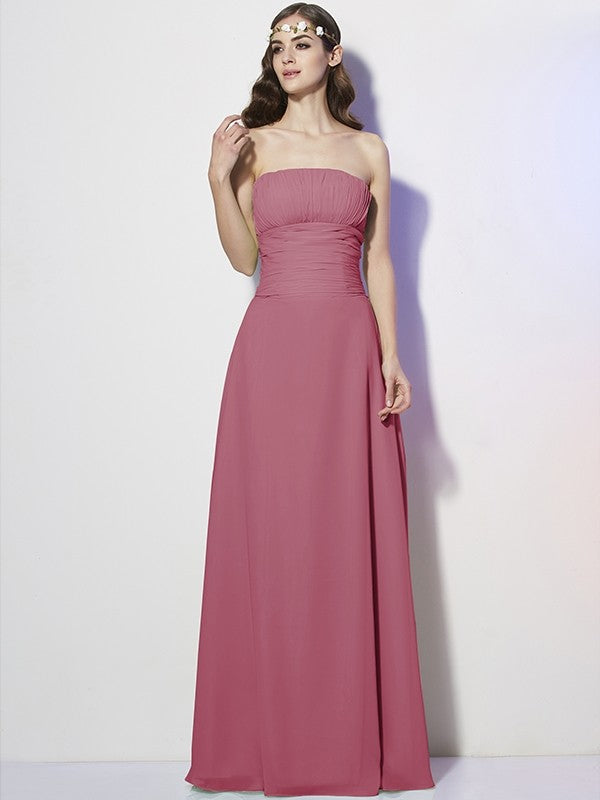 Charming Strapless Sleeveless Pleats Long Chiffon Bridesmaid Dresses