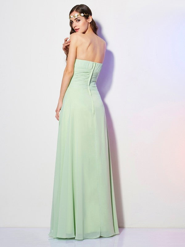 Charming Strapless Sleeveless Pleats Long Chiffon Bridesmaid Dresses