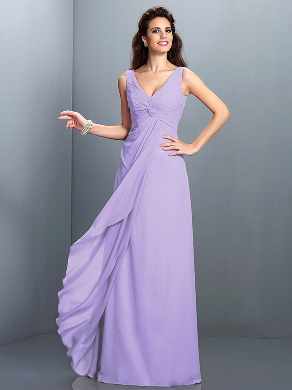 Charming Straps Pleats Sleeveless Long Chiffon Bridesmaid Dresses