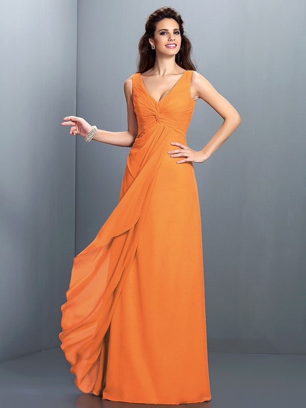 Charming Straps Pleats Sleeveless Long Chiffon Bridesmaid Dresses