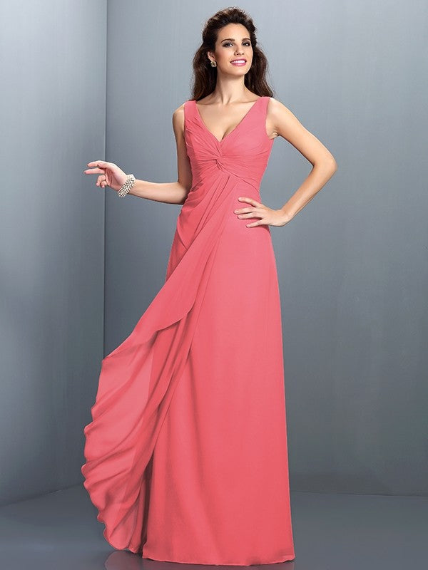 Charming Straps Pleats Sleeveless Long Chiffon Bridesmaid Dresses