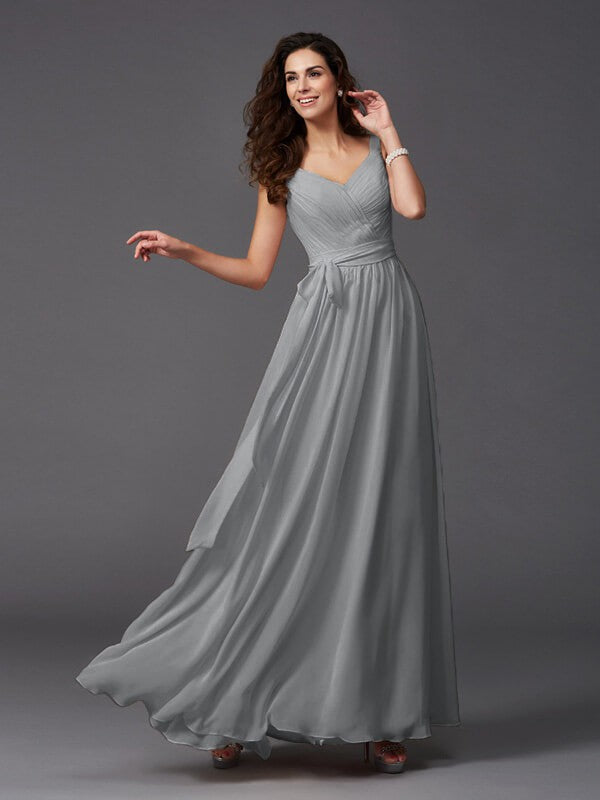 Charming Straps Sash/Ribbon/Belt Sleeveless Long Chiffon Bridesmaid Dresses