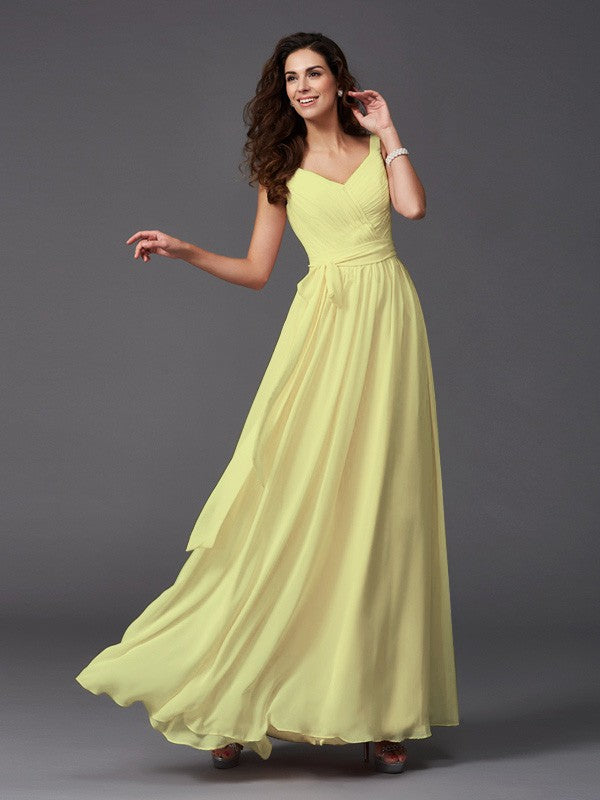 Charming Straps Sash/Ribbon/Belt Sleeveless Long Chiffon Bridesmaid Dresses