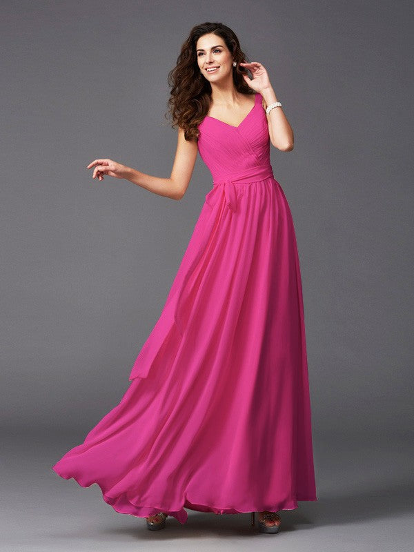 Charming Straps Sash/Ribbon/Belt Sleeveless Long Chiffon Bridesmaid Dresses