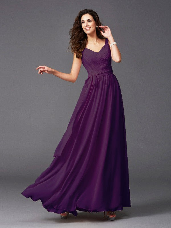 Charming Straps Sash/Ribbon/Belt Sleeveless Long Chiffon Bridesmaid Dresses