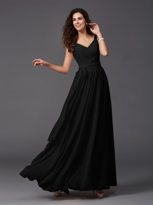 Charming Straps Sash/Ribbon/Belt Sleeveless Long Chiffon Bridesmaid Dresses