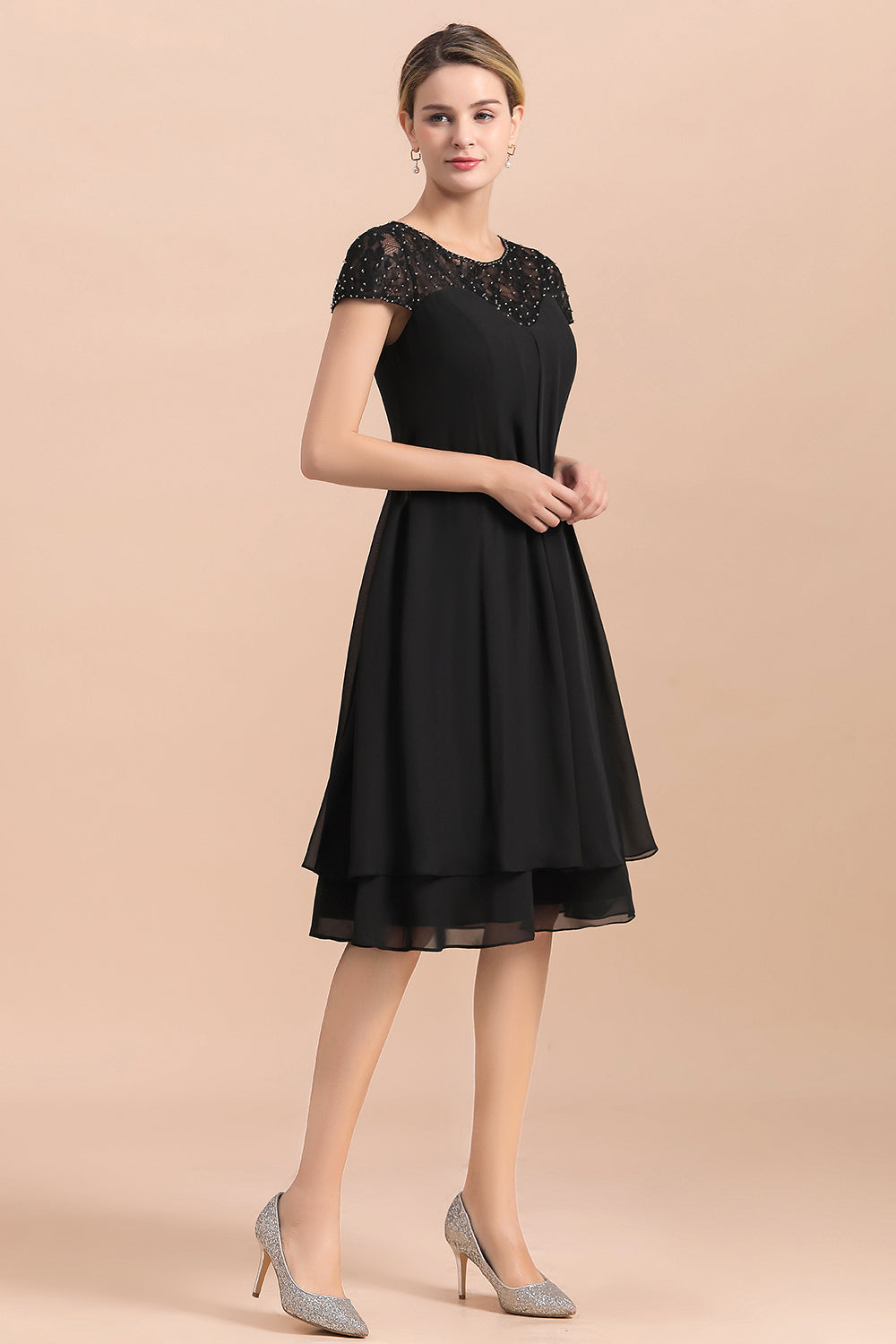 Chic Black Cap Sleeve Mother of Bride Dress Chiffon Short Wedding Party Gowns - Fashionpara