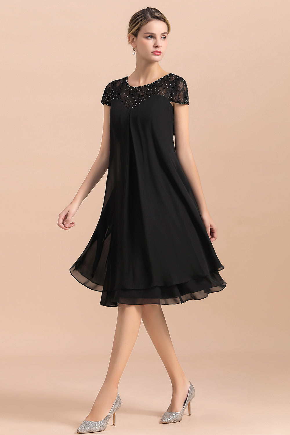 Chic Black Cap Sleeve Mother of Bride Dress Chiffon Short Wedding Party Gowns - Fashionpara