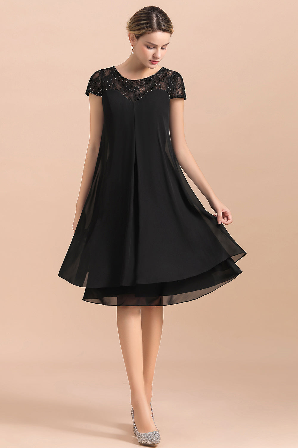 Chic Black Cap Sleeve Mother of Bride Dress Chiffon Short Wedding Party Gowns - Fashionpara