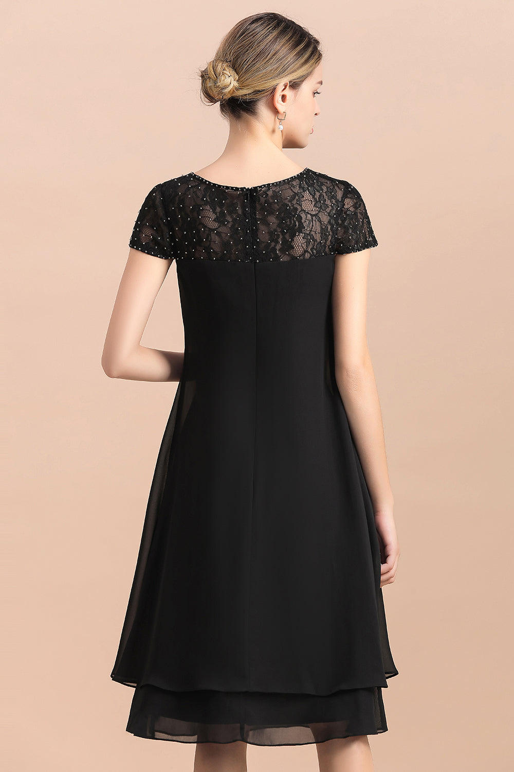 Chic Black Cap Sleeve Mother of Bride Dress Chiffon Short Wedding Party Gowns - Fashionpara