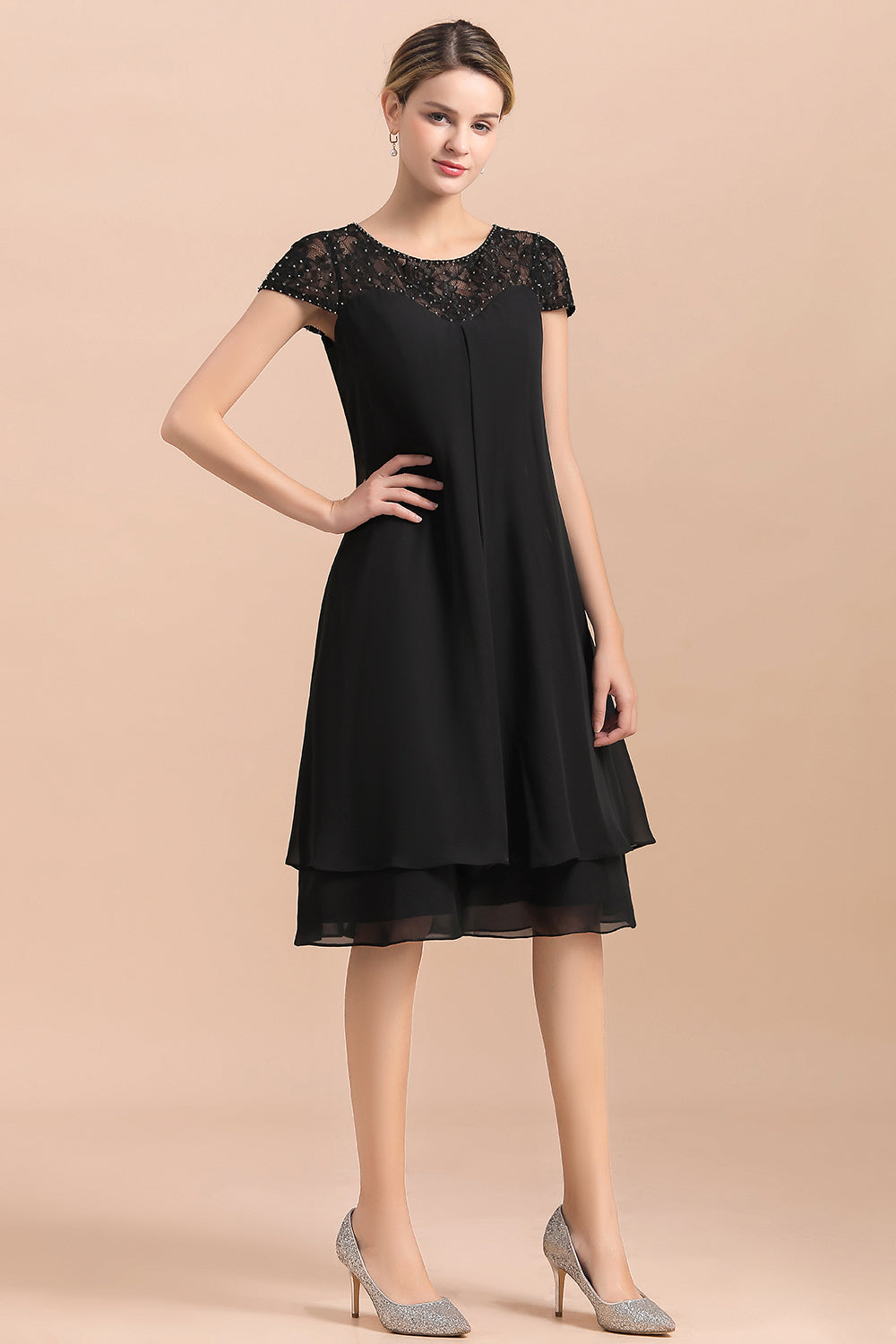 Chic Black Cap Sleeve Mother of Bride Dress Chiffon Short Wedding Party Gowns - Fashionpara