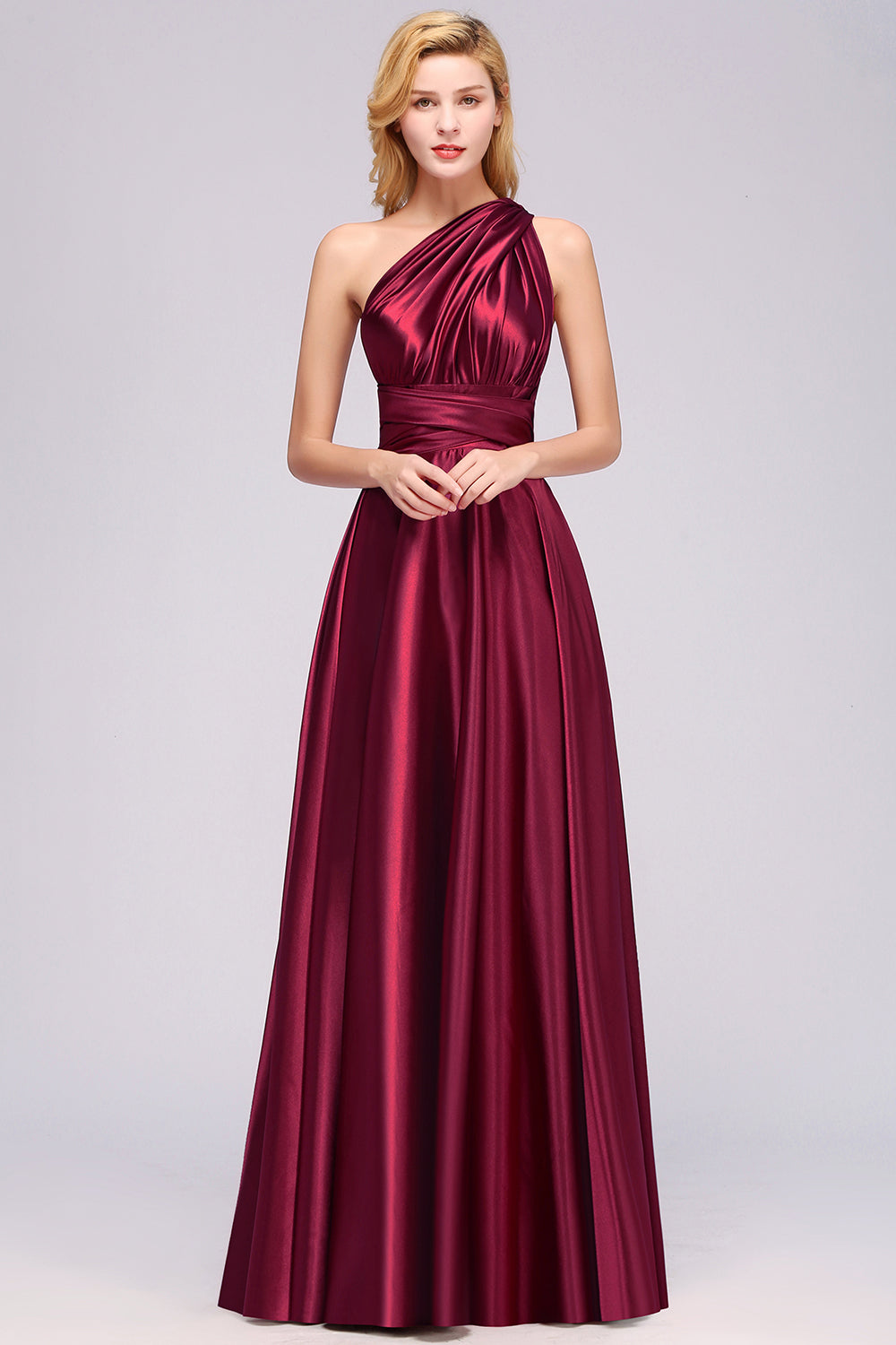 Chic Burgundy Satin Long Bridesmaid dresses With One Shoulder