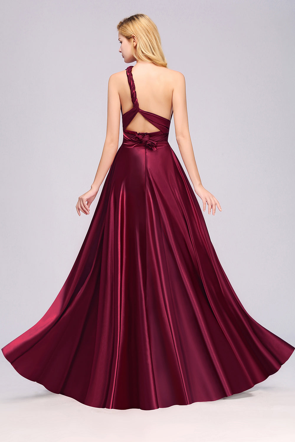 Chic Burgundy Satin Long Bridesmaid dresses With One Shoulder