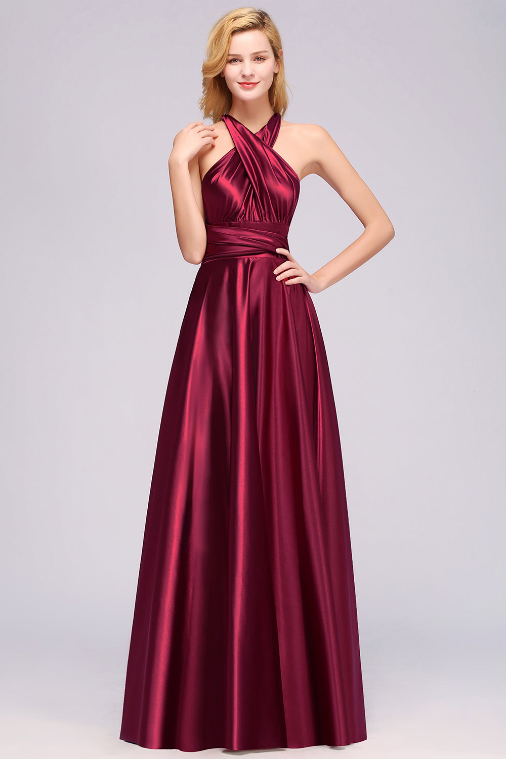 Chic Burgundy Satin Long Bridesmaid dresses With One Shoulder