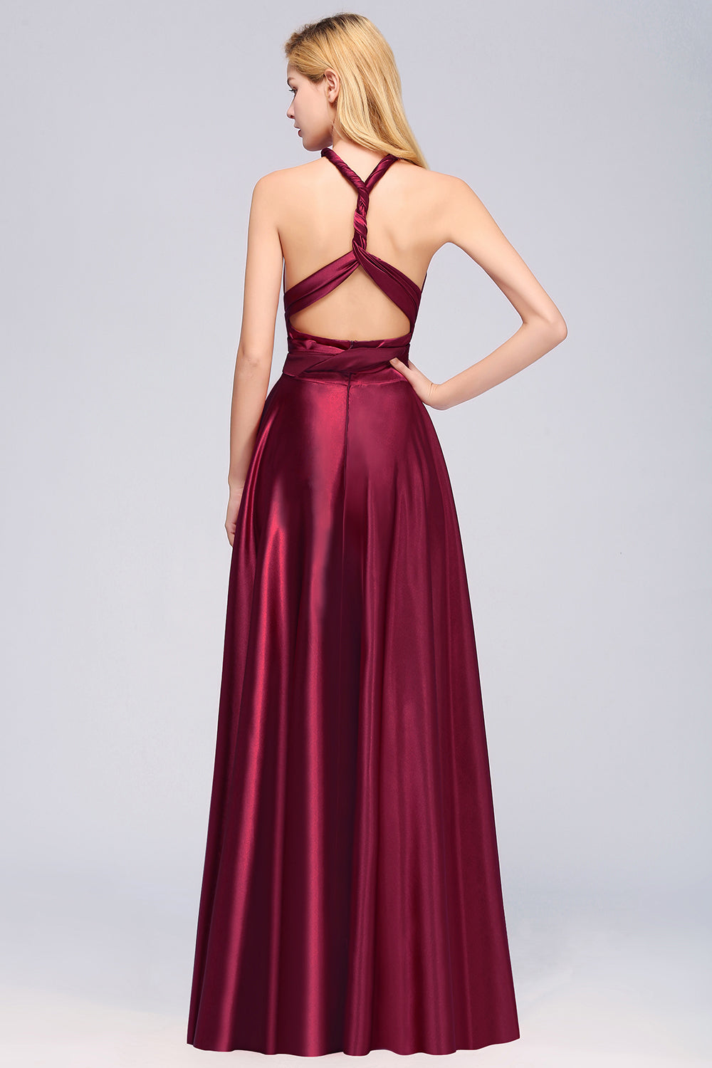 Chic Burgundy Satin Long Bridesmaid dresses With One Shoulder