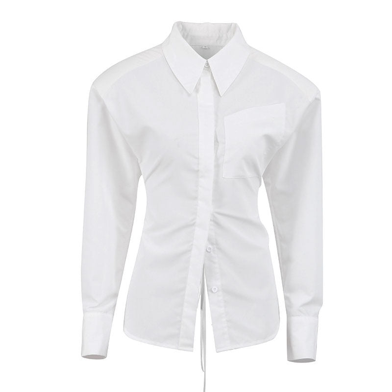 Chic Button Up Shoulder Pad Pointed Collar Tie String Backless Blouse - White