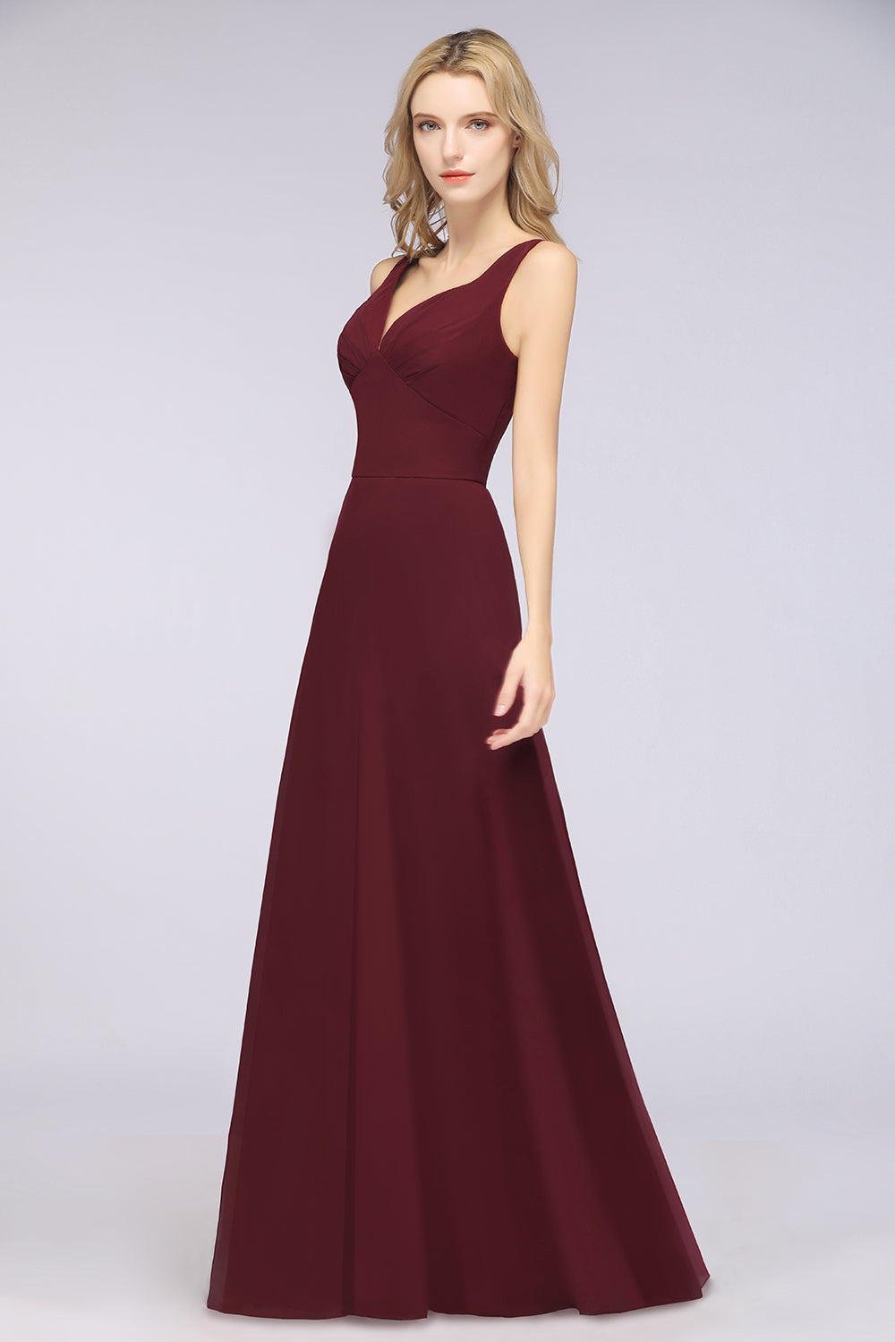 Chic Chiffon V-Neck Straps Ruffle Affordable Bridesmaid dresses with Open Back