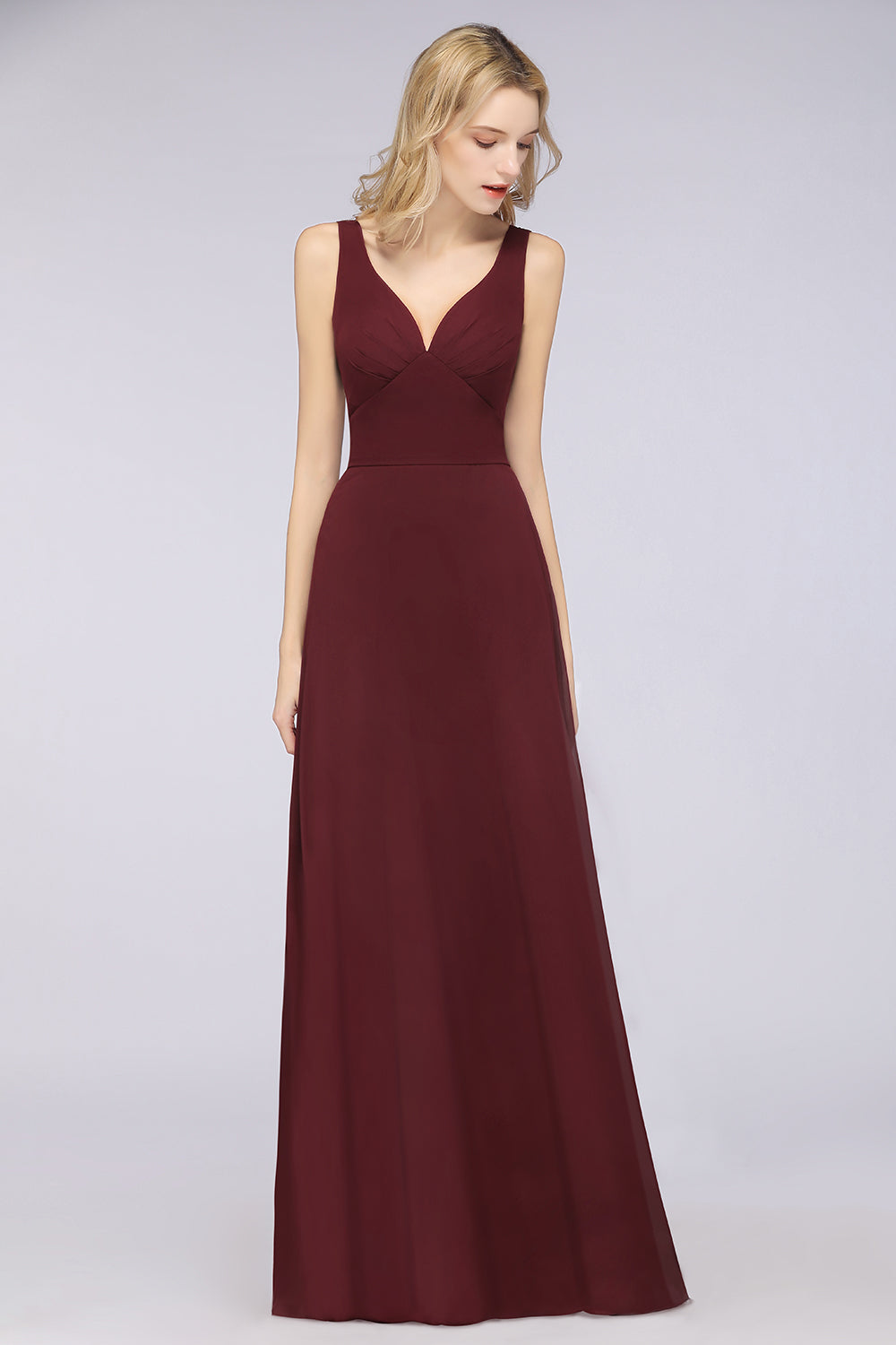 Chic Chiffon V-Neck Straps Ruffle Affordable Bridesmaid dresses with Open Back