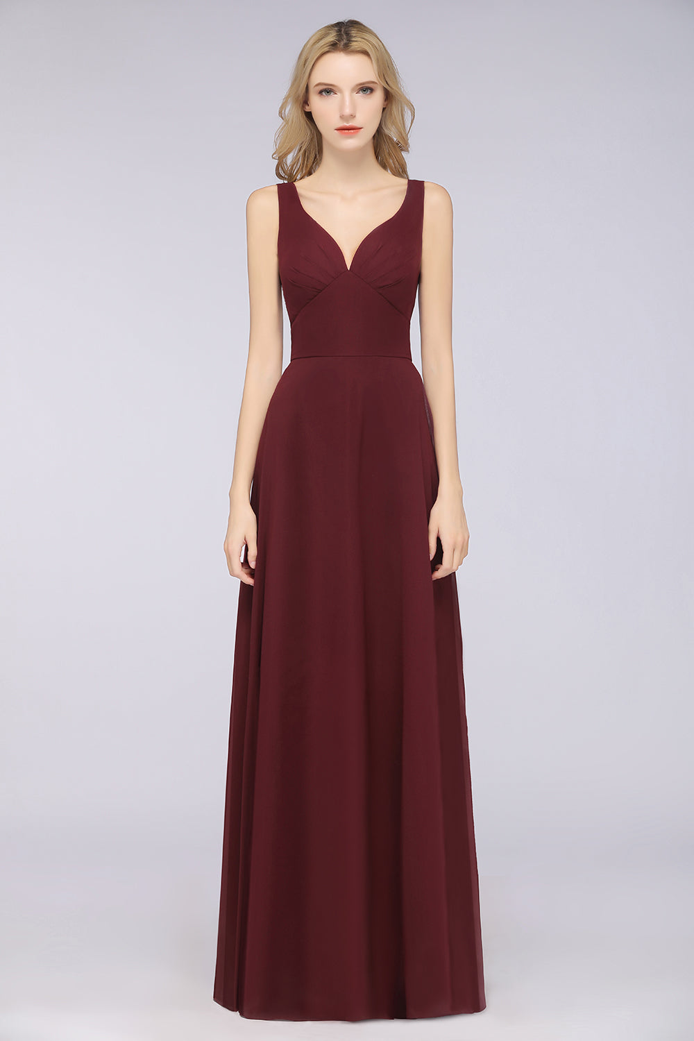 Chic Chiffon V-Neck Straps Ruffle Affordable Bridesmaid dresses with Open Back