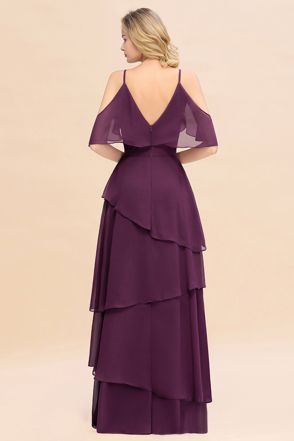 Chic Cold-Shoulder Layers Grape Chiffon Bridesmaid Dresses Affordable - Fashionpara