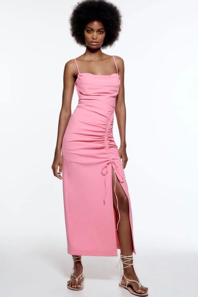 Chic Cowl Neck Tie Side Ruched Trim Split Slip Midi Dress - Pink - Fashionpara