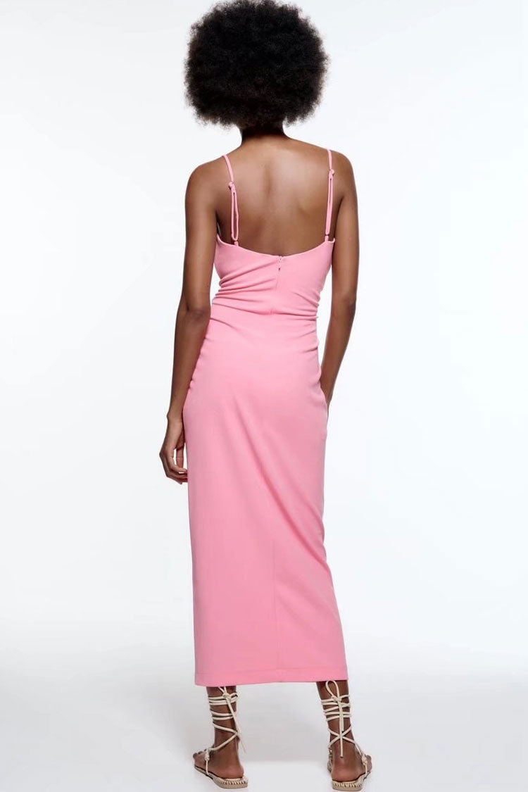 Chic Cowl Neck Tie Side Ruched Trim Split Slip Midi Dress - Pink - Fashionpara