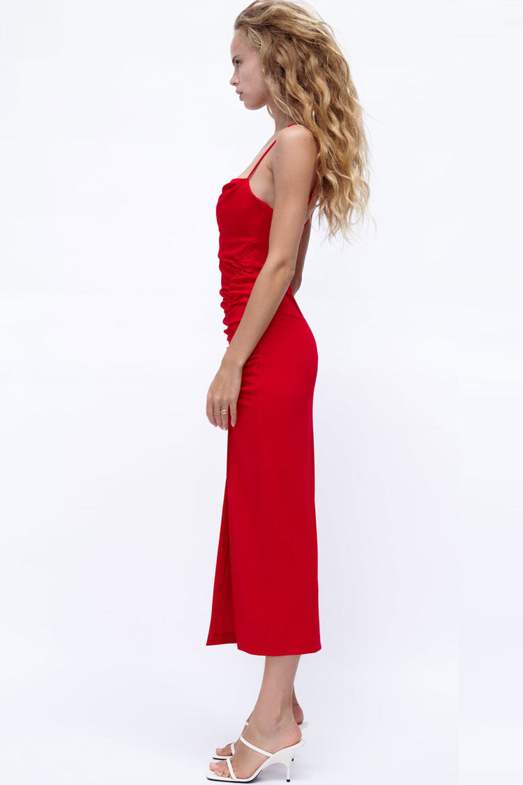 Chic Cowl Neck Tie Side Ruched Trim Split Slip Midi Dress - Red - Fashionpara