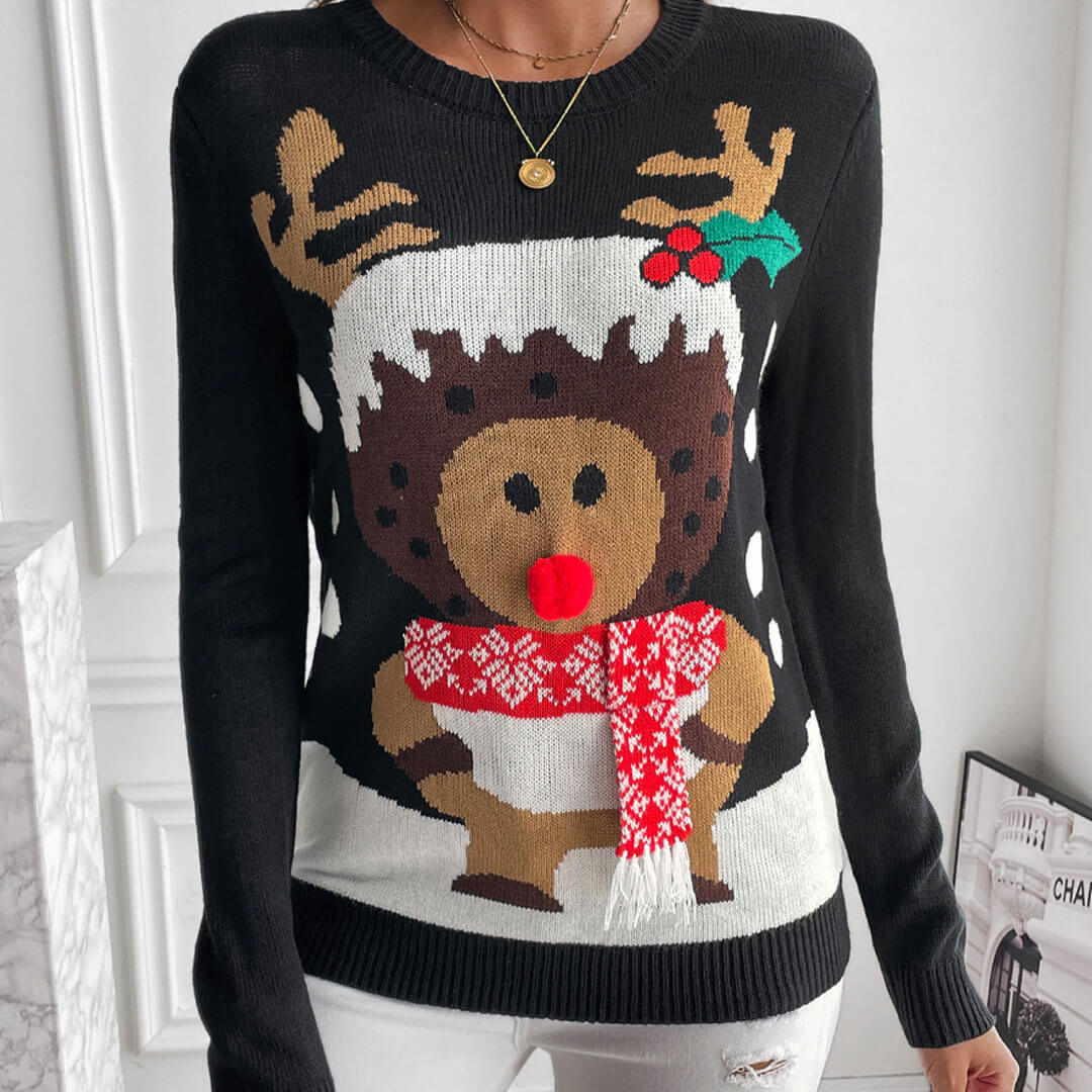 Chic Crew Neck Long Sleeve Fit Cute Reindeer Christmas Sweater - Black