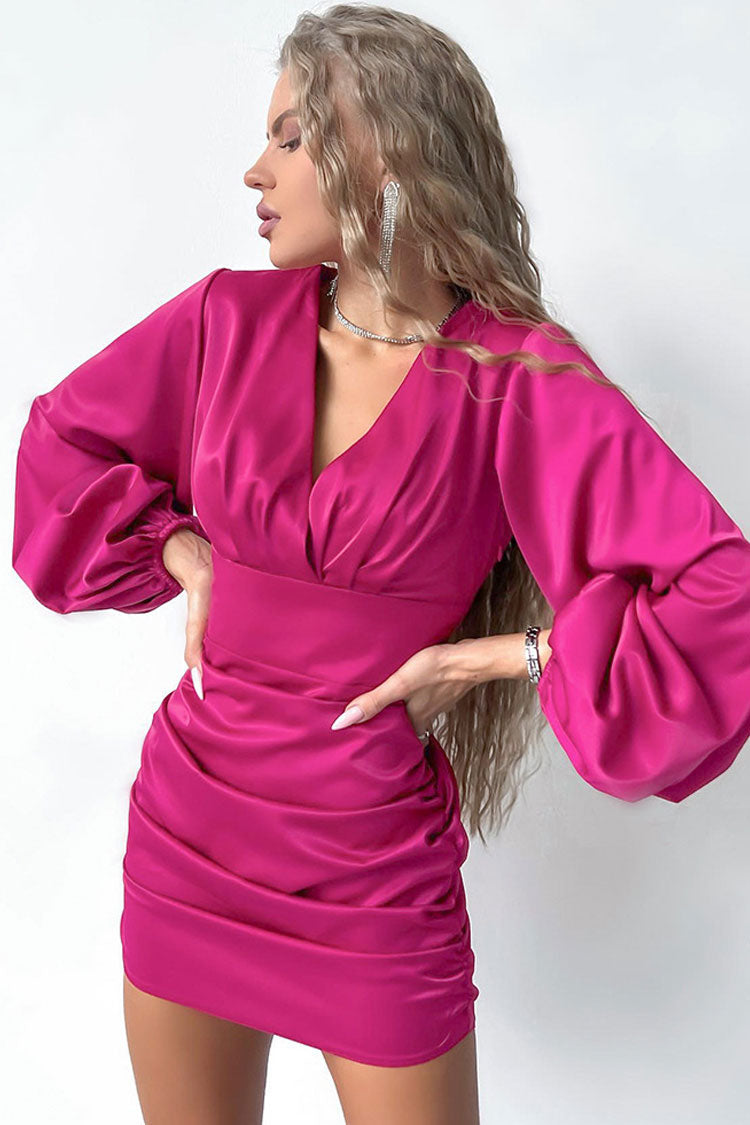 Chic Deep V Bishop Sleeve Ruched Bodycon Party Mini Dress - Hot Pink