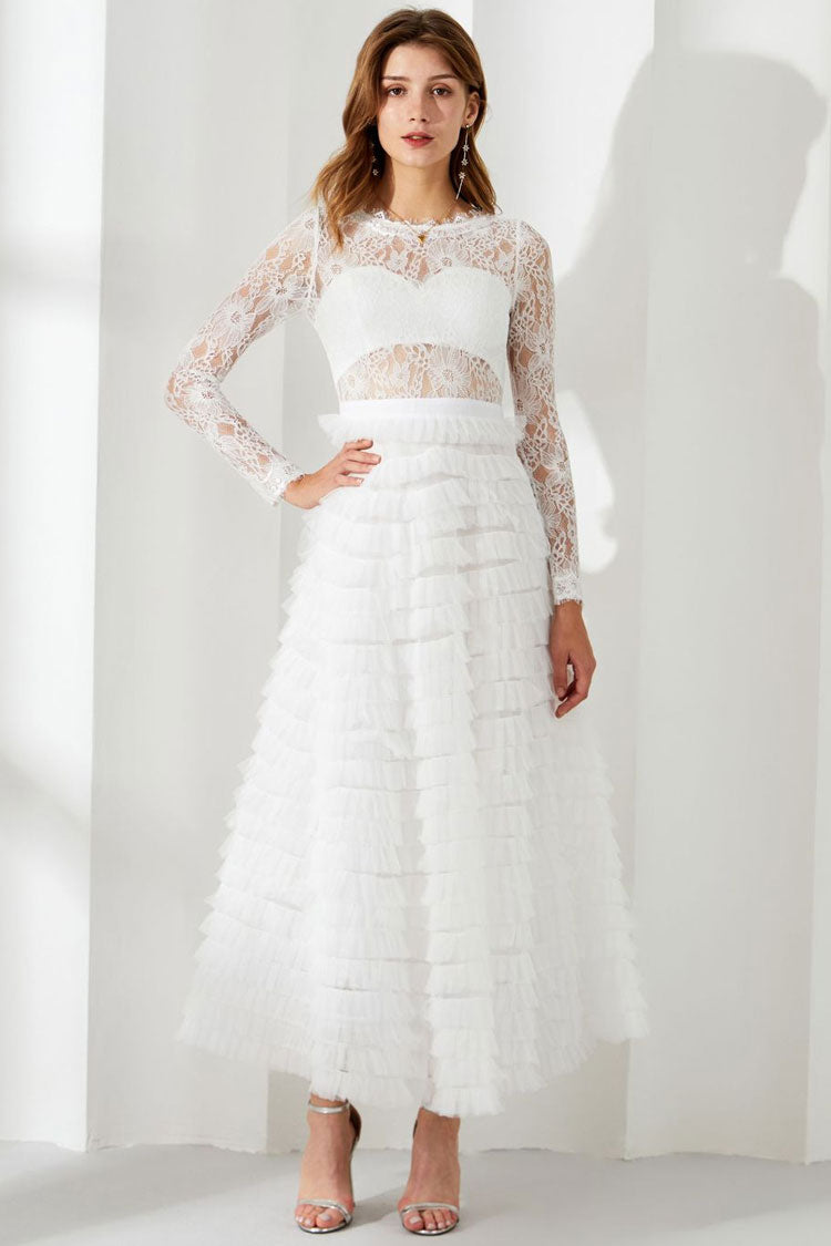 Chic Eyelash Lace Long Sleeve Tiered Ruffle Tulle Evening Maxi Dress - White